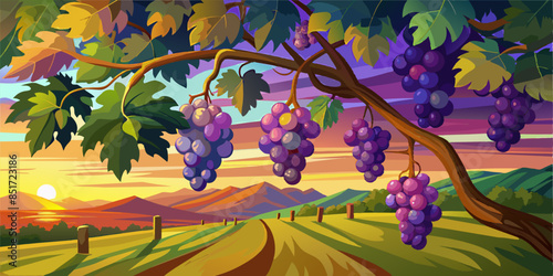 a painting of a bunch of grapes hanging from a tree branch in a vineyard at sunset or dawn with the sun setting.