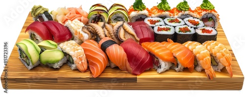 A variety of sushi and sashimi on a wooden board