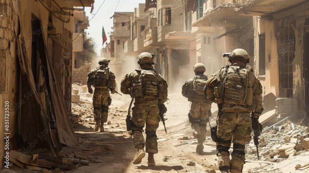 Special forces operatives moving stealthily through a war-torn city Special forces operatives moving stealthily through a war-torn city