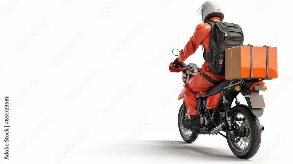 orangeuniformed delivery rider on a motorcycle, storage box on back, driving on the road, rear view, detailed digital art, isolated on white background orangeuniformed delivery rider on a motorcycle, storage box on back, driving on the road, rear view, detailed digital art, isolated on white background