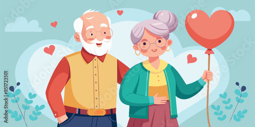A married couple of pensioners who are happy in love and have a matching outfit of pastel colors. Love that lasts forever. Grandparents holding a heart shaped balloon. Illustration. 