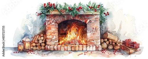 A Christmas fireplace clipart, cozy holiday scene, 3D realistic illustration, with stockings, isolated on white background