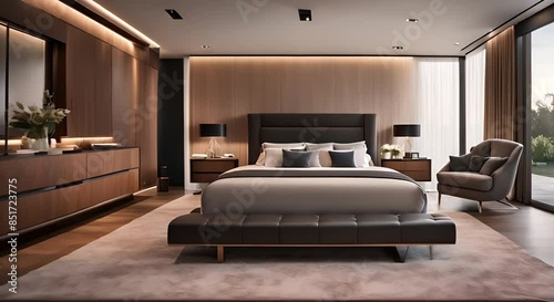 Master bedroom design with high end furniture, wooden floors and modern carpet