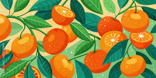 Background of fresh mandarins or oranges with green leaves.