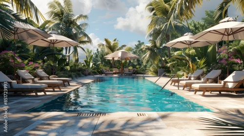 beautiful pool surrounded by palm trees and chairs to lie down photo
