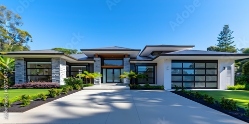 Front view of contemporary Australian home architecture showcasing modern design and style. Concept Modern Architecture, Australian Homes, Contemporary Design, Front View, Stylish Interiors photo