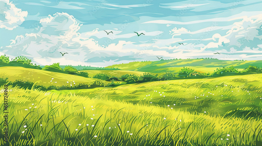 Obraz premium A illustration of a green grass field with a blue sky and clouds. 