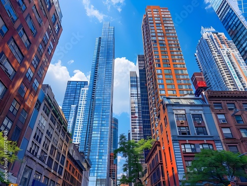 Bustling Downtown City Skyline with Towering Skyscrapers and Busy Streets