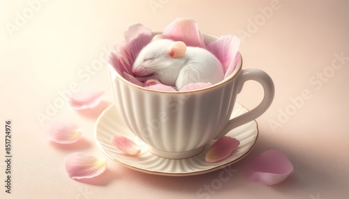 A small, white mouse sleeping inside a teacup filled with pastel-colored petals.