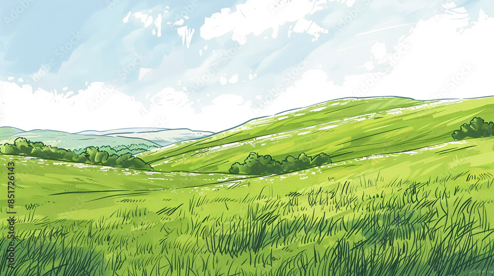 Obraz premium A illustration of a green grass field with a blue sky and clouds. 
