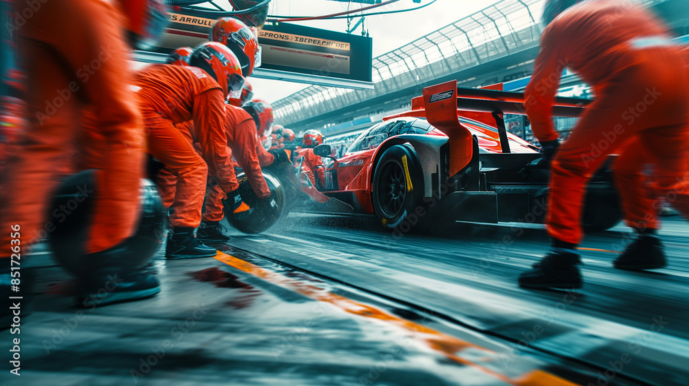 Obraz premium The tension and focus of a pit crew, ready to spring into action, as the race car approaches for a decisive pitstop during the race.