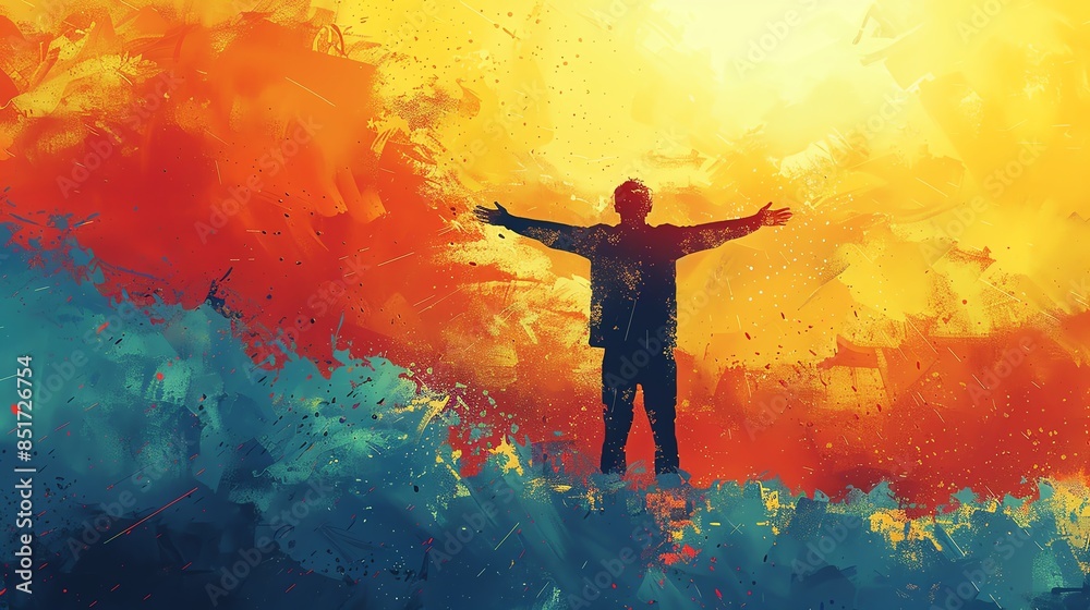 Silhouette of a person with arms wide open facing a vibrant, colorful sky in a digital abstract painting, symbolizing freedom and joy. Silhouette of a person with arms wide open facing a vibrant, colorful sky in a digital abstract painting, symbolizing freedom and joy.