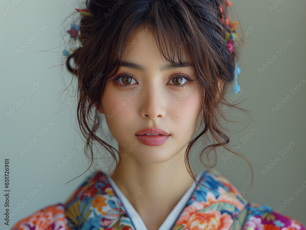 Portrait of a Young Woman in Traditional Floral Kimono, AI Generation Portrait of a Young Woman in Traditional Floral Kimono, AI Generation