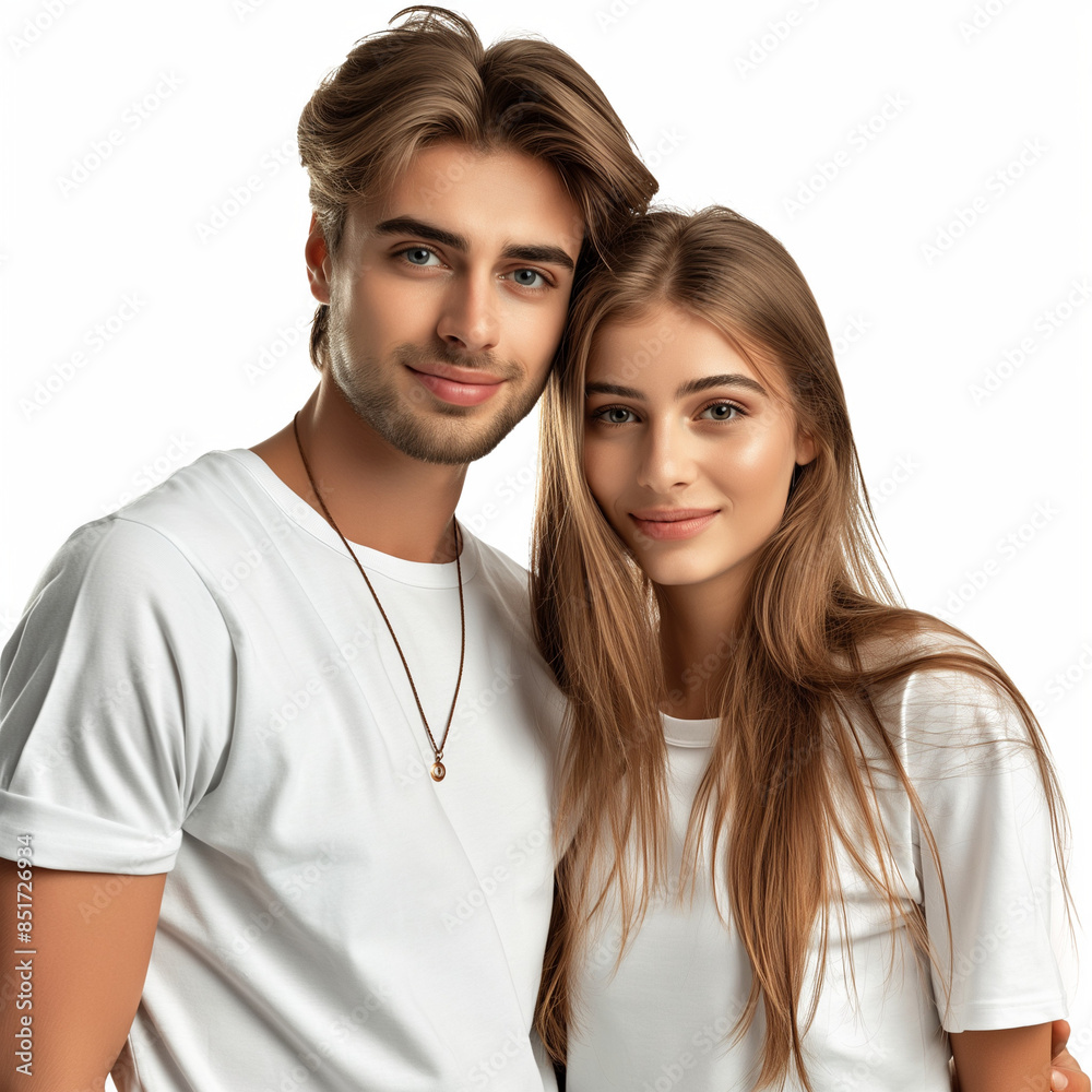 Young Couple Smiling, Casual Pose, White Background, AI Generation Young Couple Smiling, Casual Pose, White Background, AI Generation