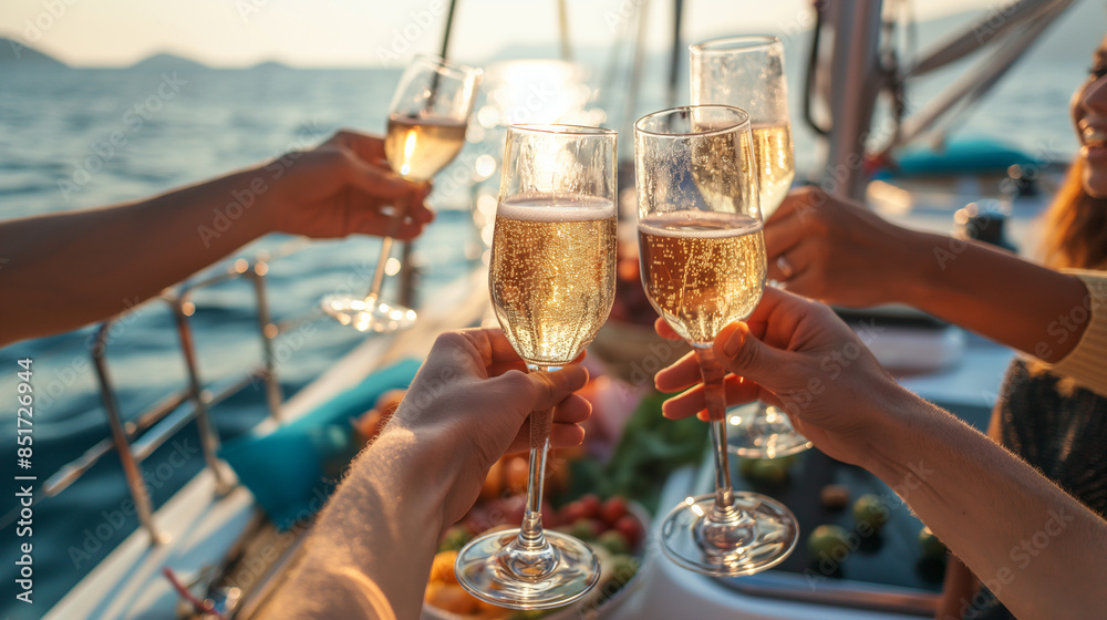 Obraz premium Group of friends raising their champagne glasses in celebration on a yacht, with a panoramic view of the sea and distant islands.