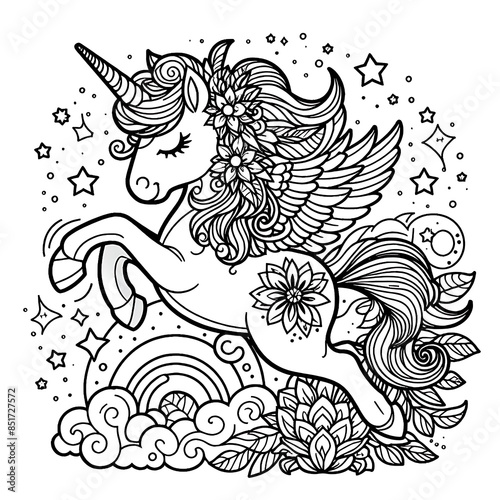 A black and white drawing of a unicorn coloring page design colours drawing graphic eyecatching vector highquality eyecatching Illustrative.