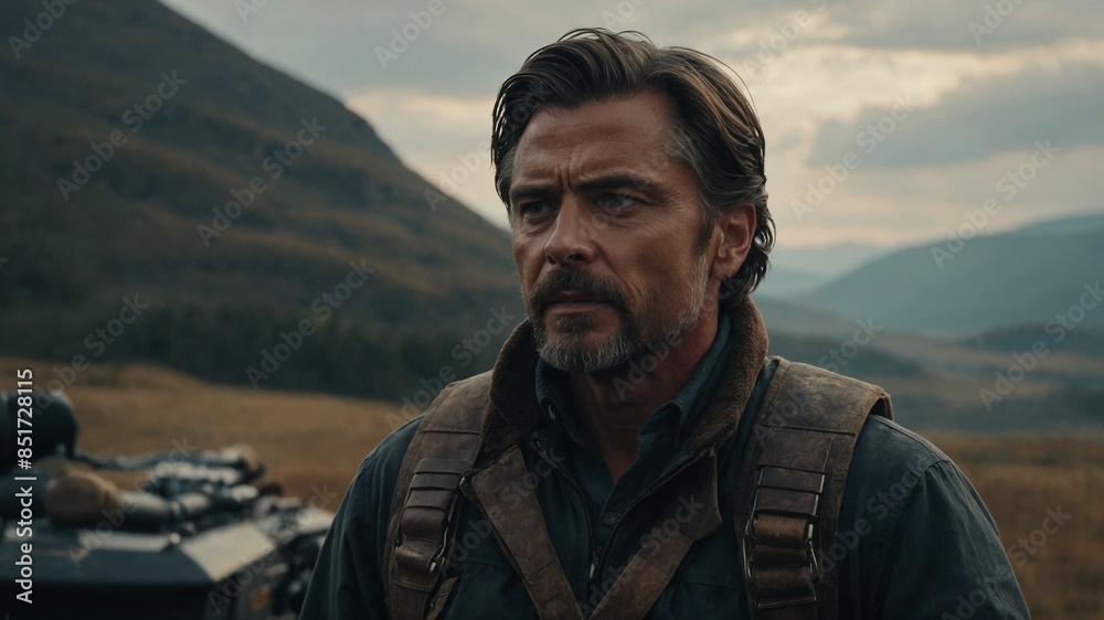 Man stands in vast, open landscape that valley surrounded by mountains. This individual dressed in attire that resembles military gear, including vest with pockets, straps. In background. Man stands in vast, open landscape that valley surrounded by mountains. This individual dressed in attire that resembles military gear, including vest with pockets, straps. In background.