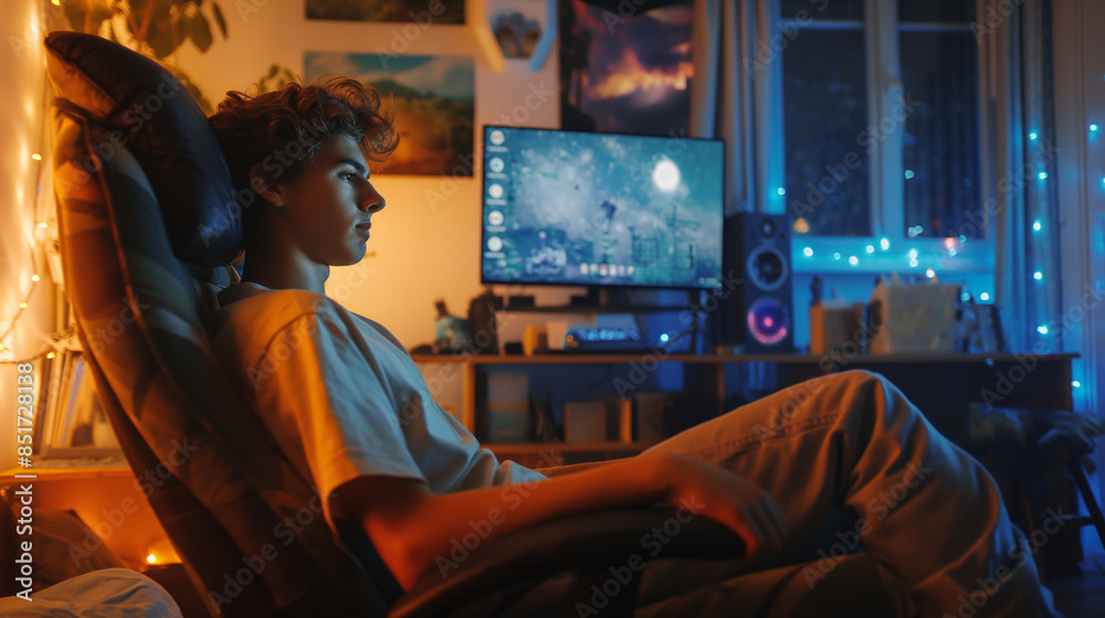 Obraz premium A young guy sitting in an ergonomic chair, engaging with viewers through a high-quality webcam, LED lights and posters adorning his walls.