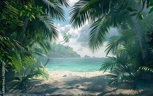 Photo realistic tropical beach seen through lush green palm trees, perfect for a serene and relaxing getaway