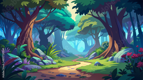 A beautiful fairytale enchanted forest with big trees and great vegetation. Digital painting background