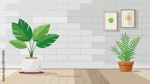 White wall mockup, plant and wood floor