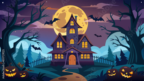 Halloween night with a spooky house and bats, halloween background