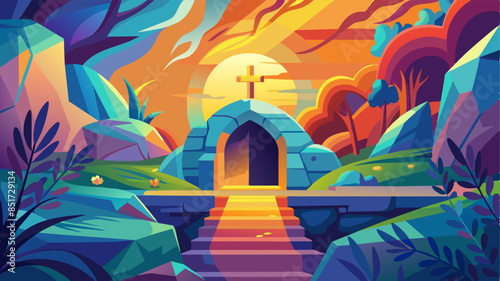 Abstract art. Colorful painting art of the empty tomb of Jesus. Christian illustration.