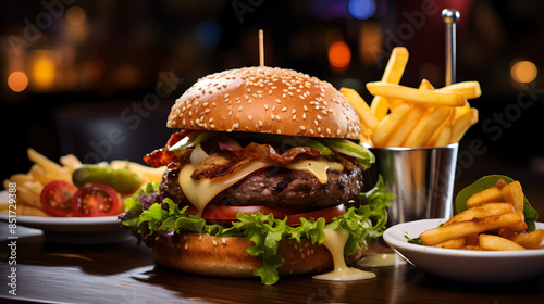 Beef burger with cheese vegetables with Coke fries food photography poster background