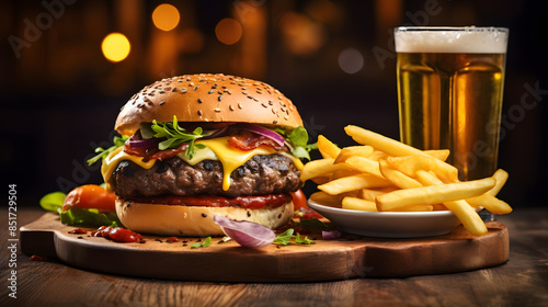 Beef burger with cheese vegetables with Coke fries food photography poster background