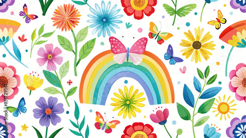 Seamless watercolor flower rainbow design. Rainbows, butterflies, and adorable, vibrant spring flowers on a white backdrop. the hues yellow, coral, green, and blue. fanciful floral pattern. wallpaper