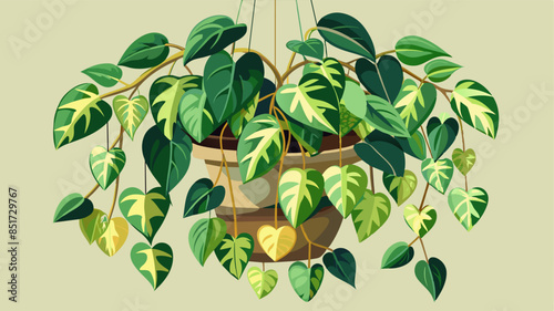 Plant bush with hanging vines of green variegated heart-shaped leaves Devil's ivy or golden pothos (Epipremnum aureum) the tropical foliage houseplant