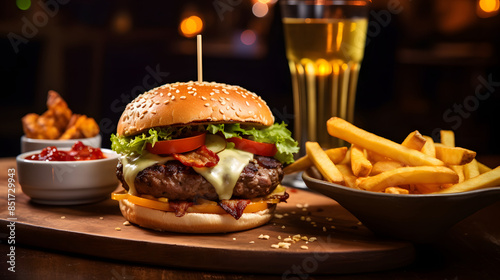 Beef burger with cheese vegetables with Coke fries food photography poster background