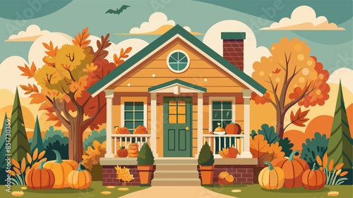 Cute and cozy cottage with fall decorations, pumpkins on the front porch and a wreath