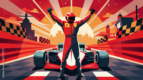 Silhouette of race car driver celebrating the win, gran prix. digital art