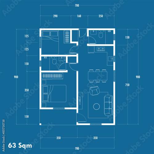 Floor plan blueprint type 63 sqm, Figure of the jotting sketch of the construction and the industrial skeleton of the structure and dimensions. vector eps 10