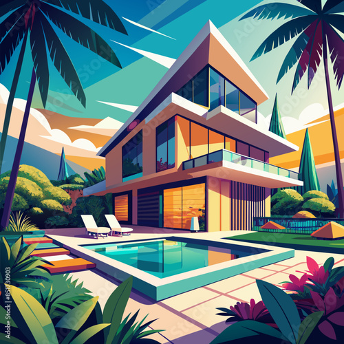 Modern angular luxury tropical villa with a swiming pool