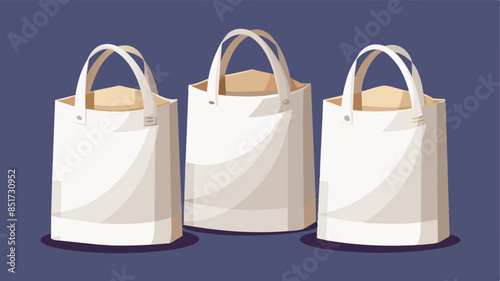 Three Cotton eco bags set, fabric white bag with handle for shopping. Mockup of blank canvas packets, textile reusable ecobags isolated
