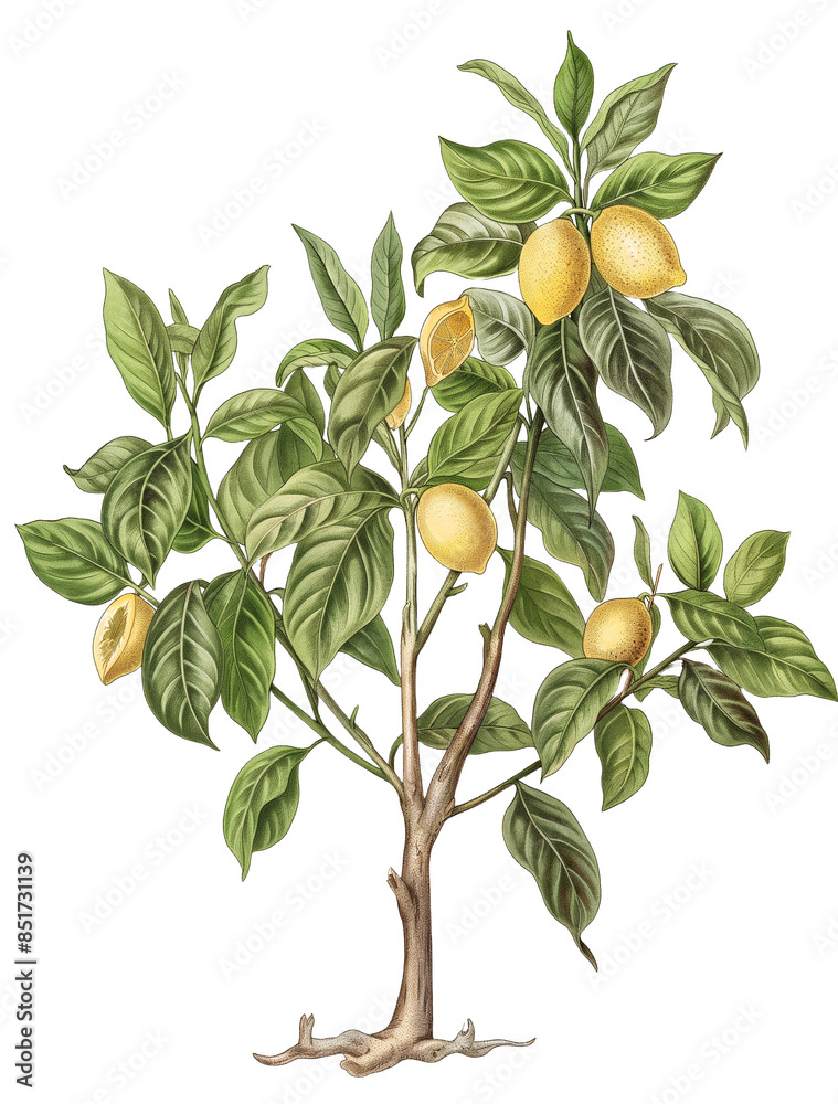 Lemon tree isolated on transparent background, old botanical illustration, orange tree with fruit Lemon tree isolated on transparent background, old botanical illustration, orange tree with fruit