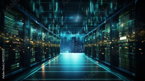 Wallpaper Mural Modern data center with illuminated servers in cool blue tones Torontodigital.ca