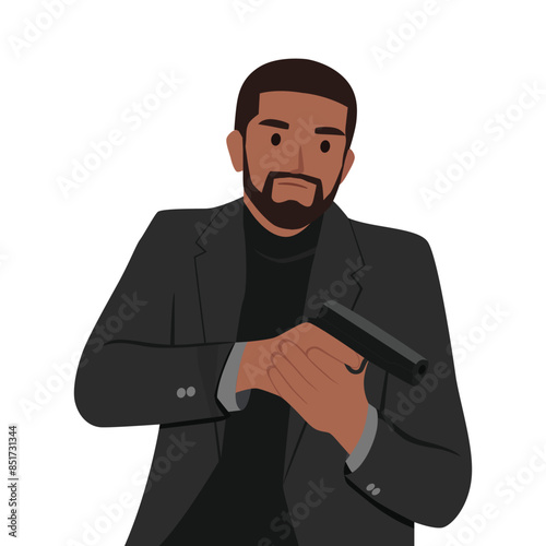 Young cool secret agent, bodyguard or assassin holding gun. Flat vector illustration isolated on white background