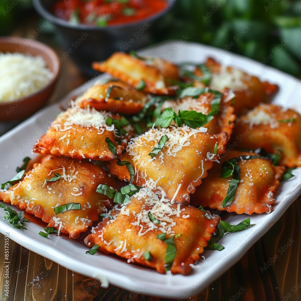Crispy fried ravioli served hot on a white ceramic plate with a side of marinara sauce Crispy fried ravioli served hot on a white ceramic plate with a side of marinara sauce