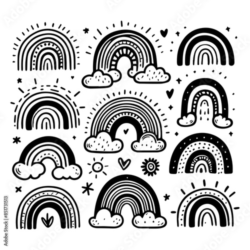 Doodle rainbows set isolated on white Vector illustration. Hand drawn scetch