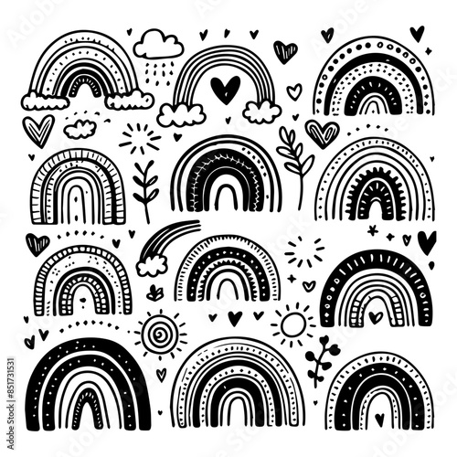 Doodle rainbows set isolated on white Vector illustration. Hand drawn scetch