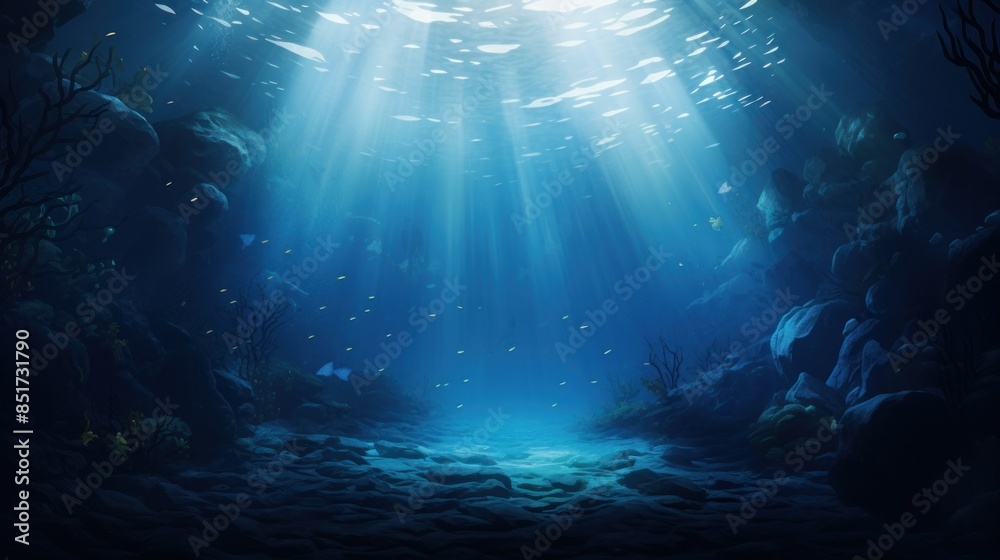 Underwater scene with sunlight, fish, and coral reefs. Underwater scene with sunlight, fish, and coral reefs.