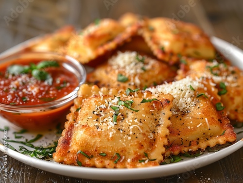 Crispy fried ravioli served hot on a white ceramic plate with a side of marinara sauce