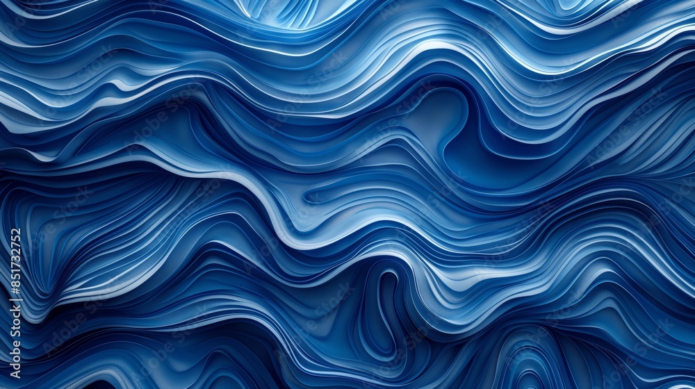 Fototapeta premium A wavy blue pattern of many smooth 3d lines. Top view background.