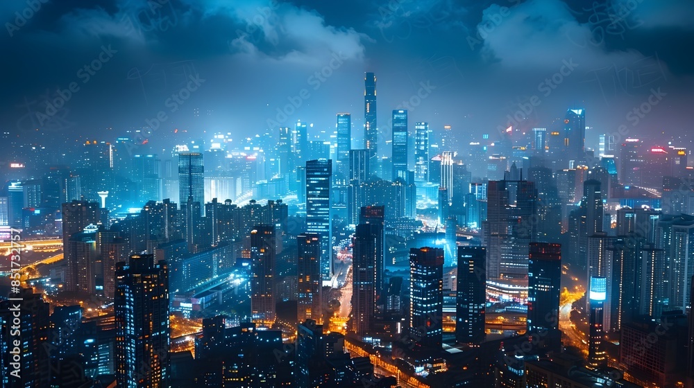 Obraz premium Captivating Nighttime Cityscape with Glowing Skyscrapers and Vibrant Lights