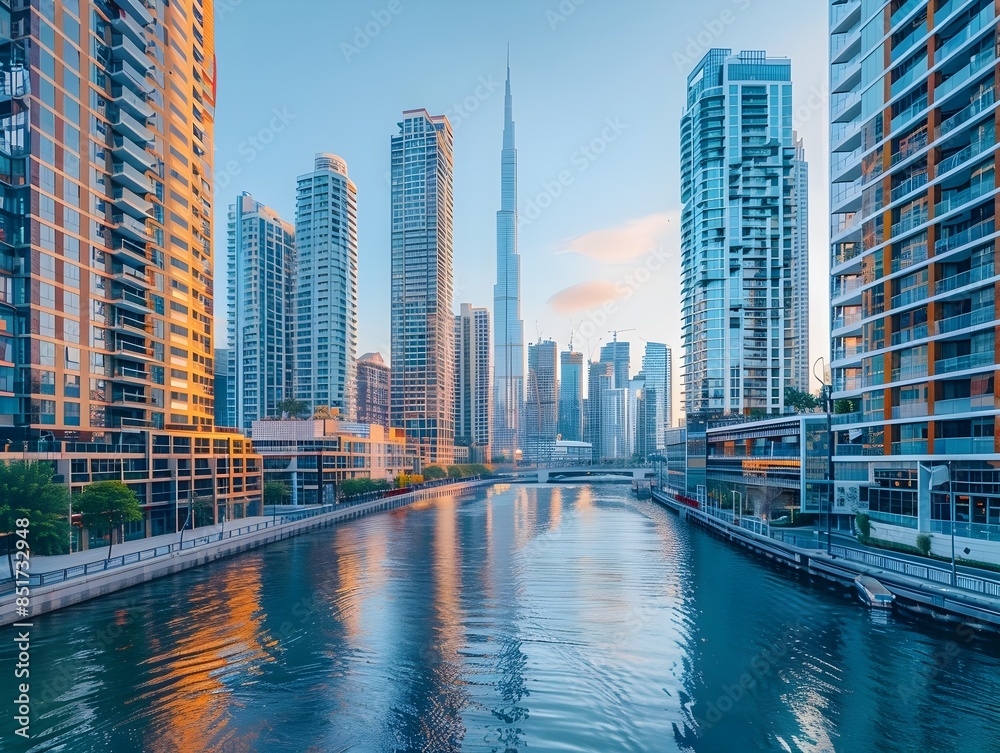 Fototapeta premium Stunning Cityscape View from Bridge Overlooking Illuminated Skyscrapers and Busy River