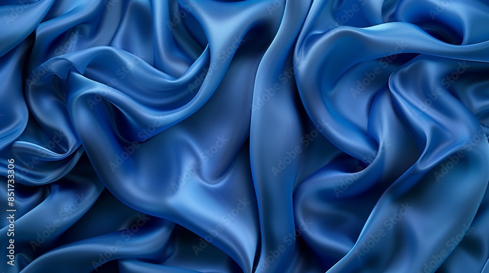 Fototapeta premium A wavy pattern of a blue soft smooth fabric like a silk. Top view background.