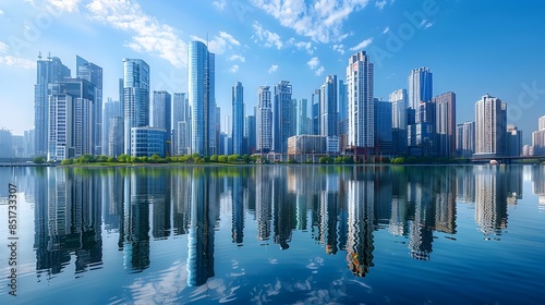 Majestic Urban Skyline Reflecting on Tranquil Waterfront Landscape © Thares2020